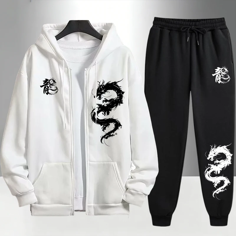 Men'S Fashion Zipper Hoodie - Chinese Dragon Print Tracksuit for Men