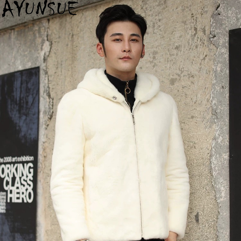 Men'S Fashion Zipper Hoodie - AYUSNUE Natural Mink Coat Men Luxury