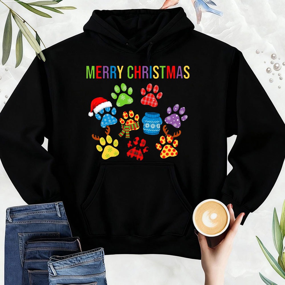 Men'S Fashion Xmas Party - Merry Christmas Sweatshirt Printed Dog Paws