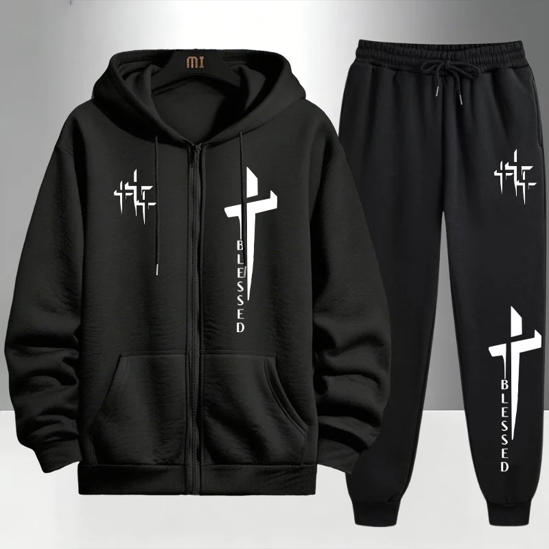 Men'S Fashion Zipper Hoodie - Cross Blessed Print Tracksuit for Men