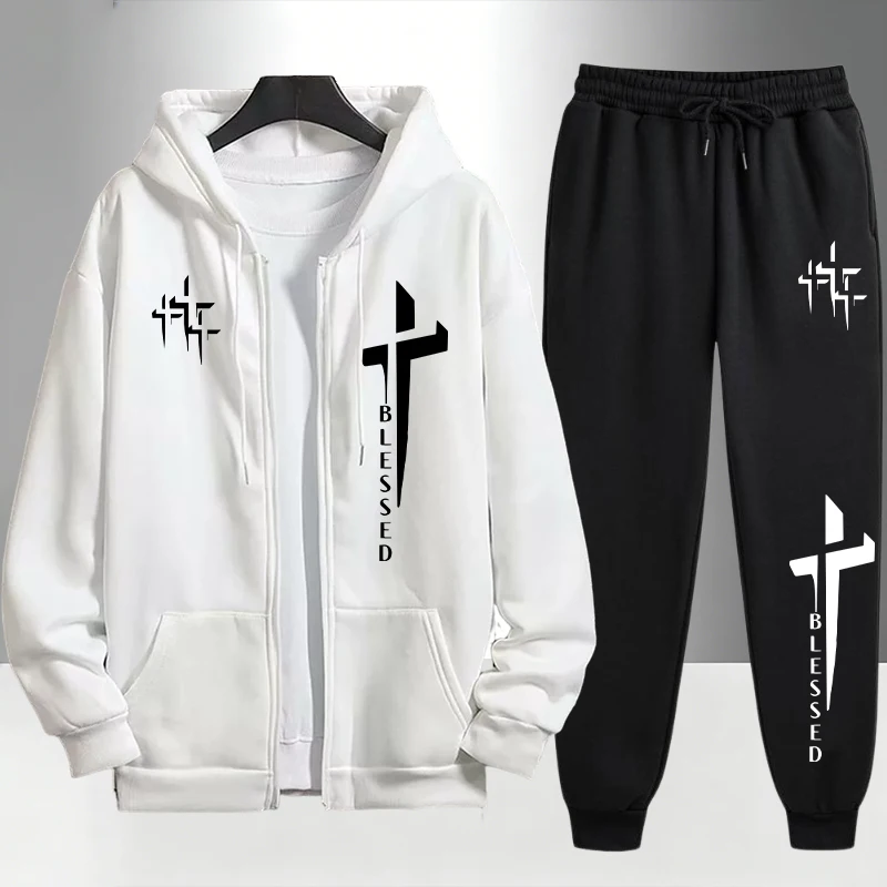 Cross Blessed Print Tracksuit  - Men'S Fashion Zipper Hoodie ulasan dan harga